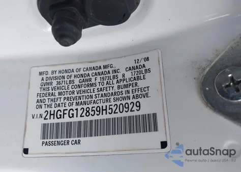 2009 Honda Civic Ex z USA, uszkodzony, nr VIN 2HGFG12859H520929